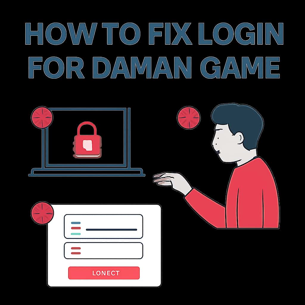 Illustration of login issue troubleshooting steps for Daman Game.
